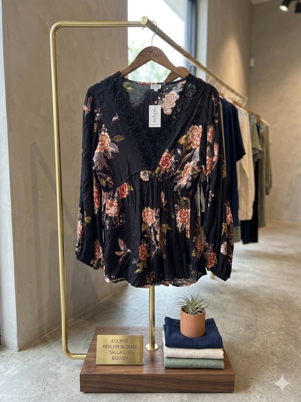 Eclipse Black Floral Lace-Trim Peplum Blouse